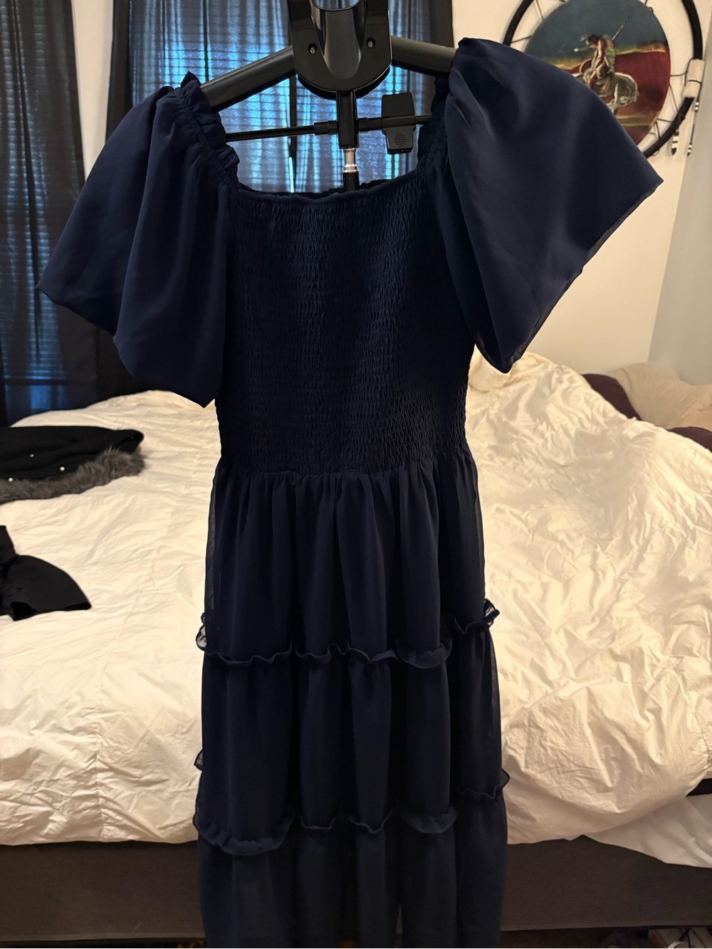 Navy Puff-Sleeve Smocked Midi Dress - Women's